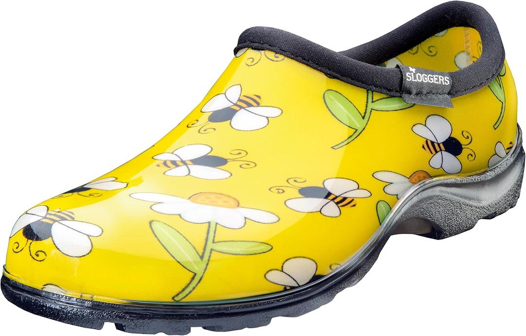Sloggers Original Waterproof Rain and Garden Shoe for Women– Outdoor Slip-On Garden Clog - Made in The USA with Premium Comfort Insole and Arch Support - Bee Print Yellow, Size 6