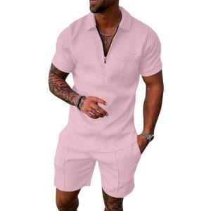 Aulemen Mens 2 Piece Zip Tracksuit Short Sleeve Print Polo Shirt and Shorts Sets Summer Outfits for Men (Small, Pink)