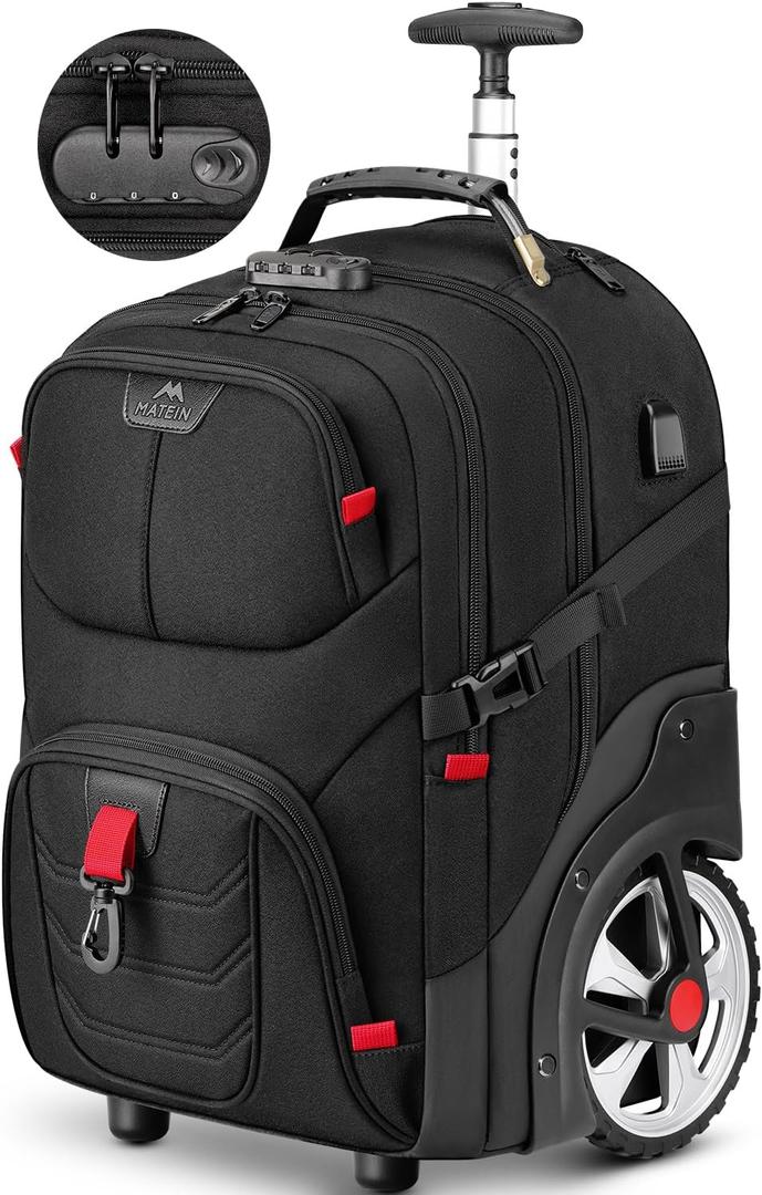 MATEIN Rolling Bag with Wheels, 17 Inch Extra Large Laptop Roller Backpack for Adults with Anti Theft Lock & USB Charging Port, Water Resistant Wheeled Bag Carry On Luggage for Teacher Work Travel Men (Black)
