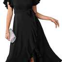 Womens Wedding Guest Midi Dress Flutter Sleeve V Neck Wrap High Low Bridesmaid Cocktail Formal Dresses for Women (Black, XXL)