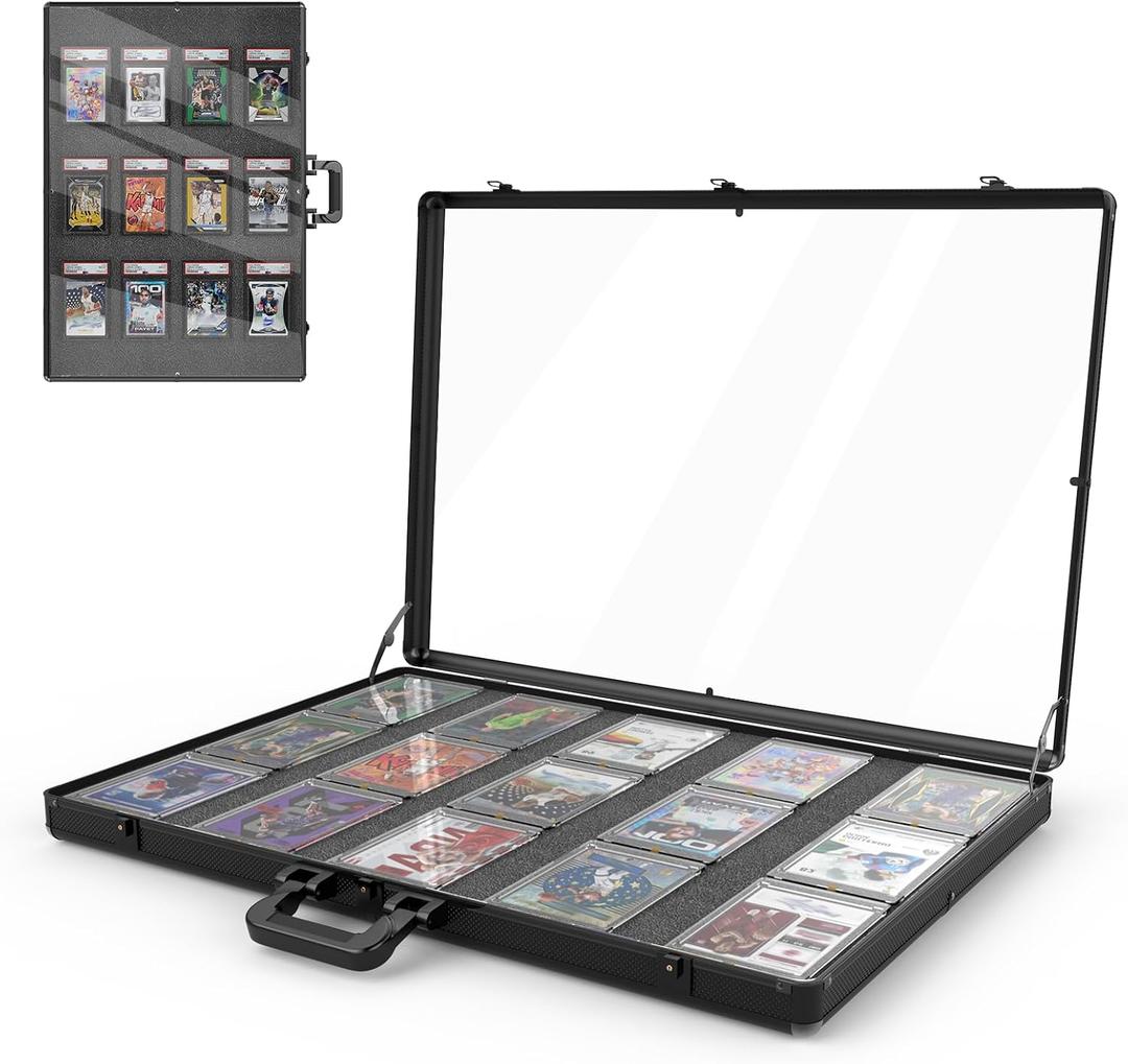 16"x12" Aluminum Card Display Case with Lock, Customizable Foam Insert & Glass Tabletop Showcase for Collectible Trading Cards, Jewelry Storage for Trade Shows