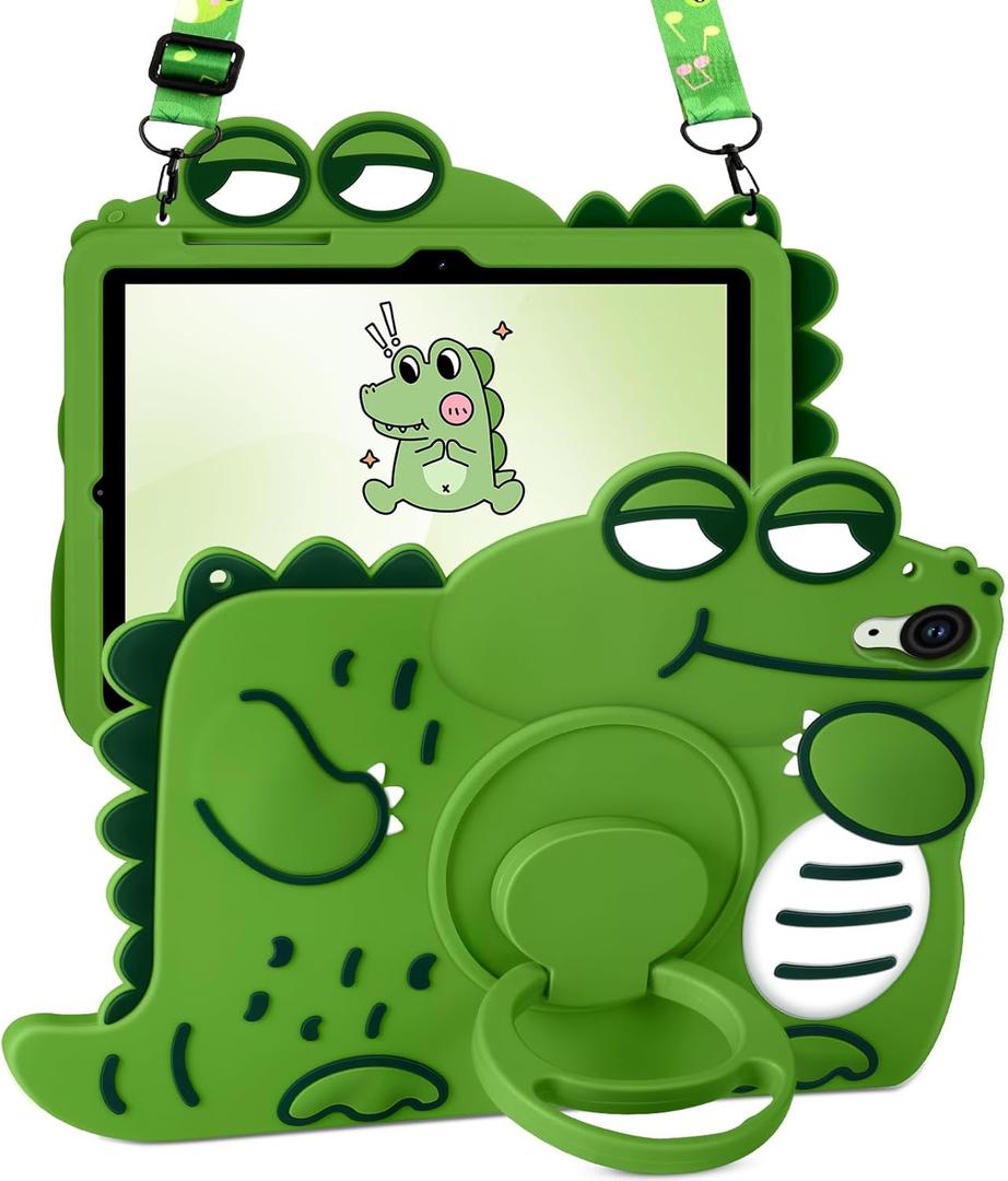 for Samsung Galaxy Tab S9 FE Case 10.9 - Cute Girls Boys Kawaii Cover Girly 3D Cartoon Women with Rotating Handle Stand & Strap Soft Silicone Green Funda for Samsung S9 FE 5G Tablet Case