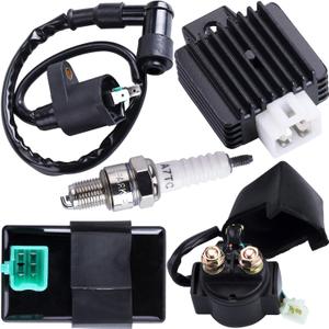 Ignition Coil 5-PIN CDI Box Solenoid 4-PIN Relay Voltage Regulator Spark Plug Kit for 50cc 70cc 90cc 110cc 125cc ATV Chinese Go Kart Dirt Bike Pit Bike TaoTao Moped Scooter