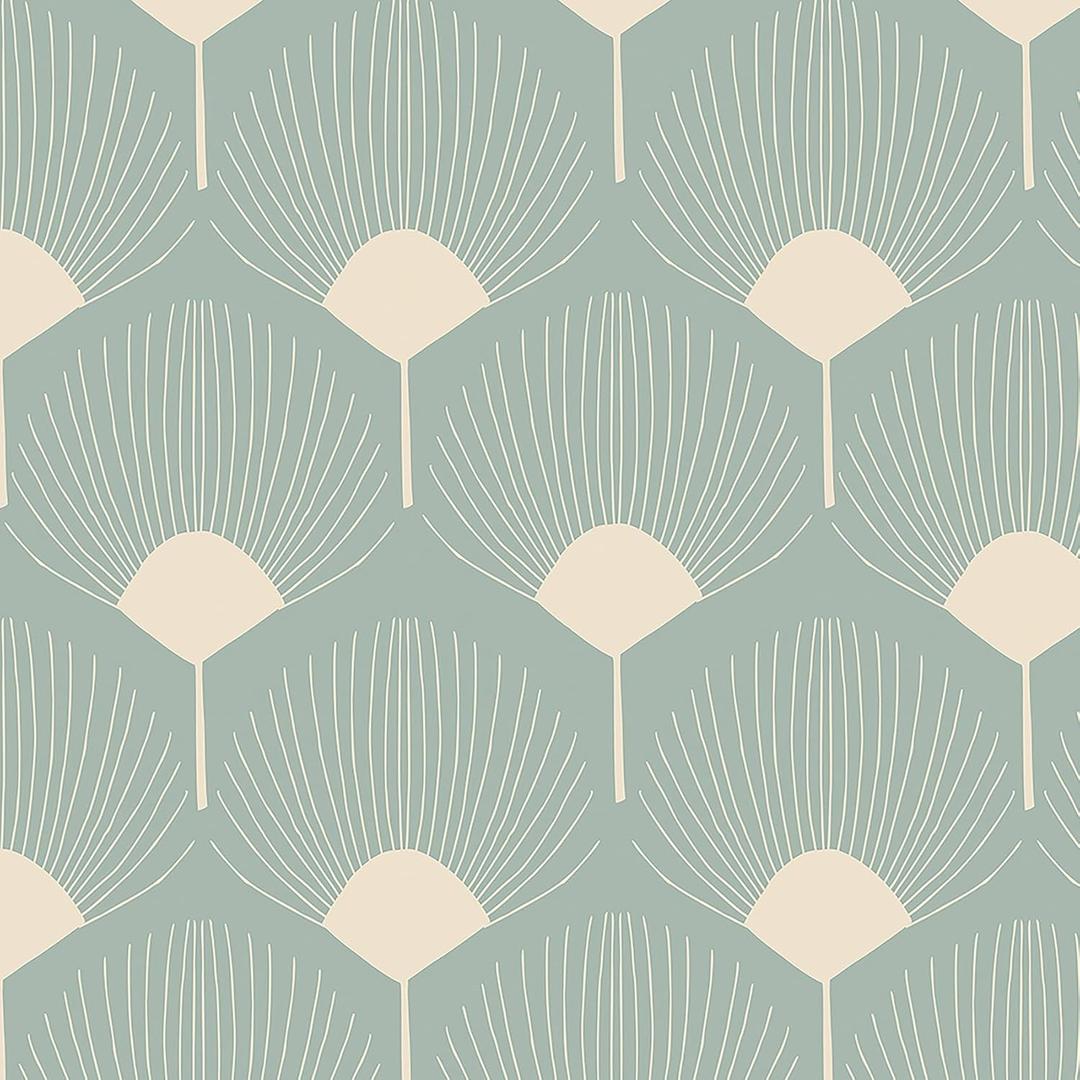 Livelynine Art Deco Wallpaper Peel and Stick Green & Gold Wall Paper for Bathroom Accent Bedroom Kids Prepasted Waterproof Self Adhesive Contact Paper Decorative Palm Fan Cabinet Vinyl Wrap 17.5x78.8"