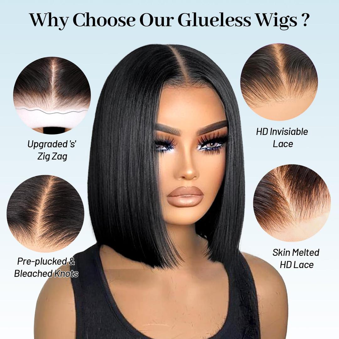 EQ DUOUPA Wear and Go Glueless Bob Wigs Human Hair Pre Plucked Pre Cut Short Bob Straight Lace Front Wigs 5x5 Hd Lace Closure Wigs Human Hair for Beginners Natural Black 8inch (bob human hair, 8inch)