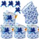 4 Pack Chinoiserie Gift Basket Blue and White Basket Empty with Gift Bag Ribbons Collapsible Decorative Storage Baskets Bin with Handles for Baby Shower Bachelorette Wedding