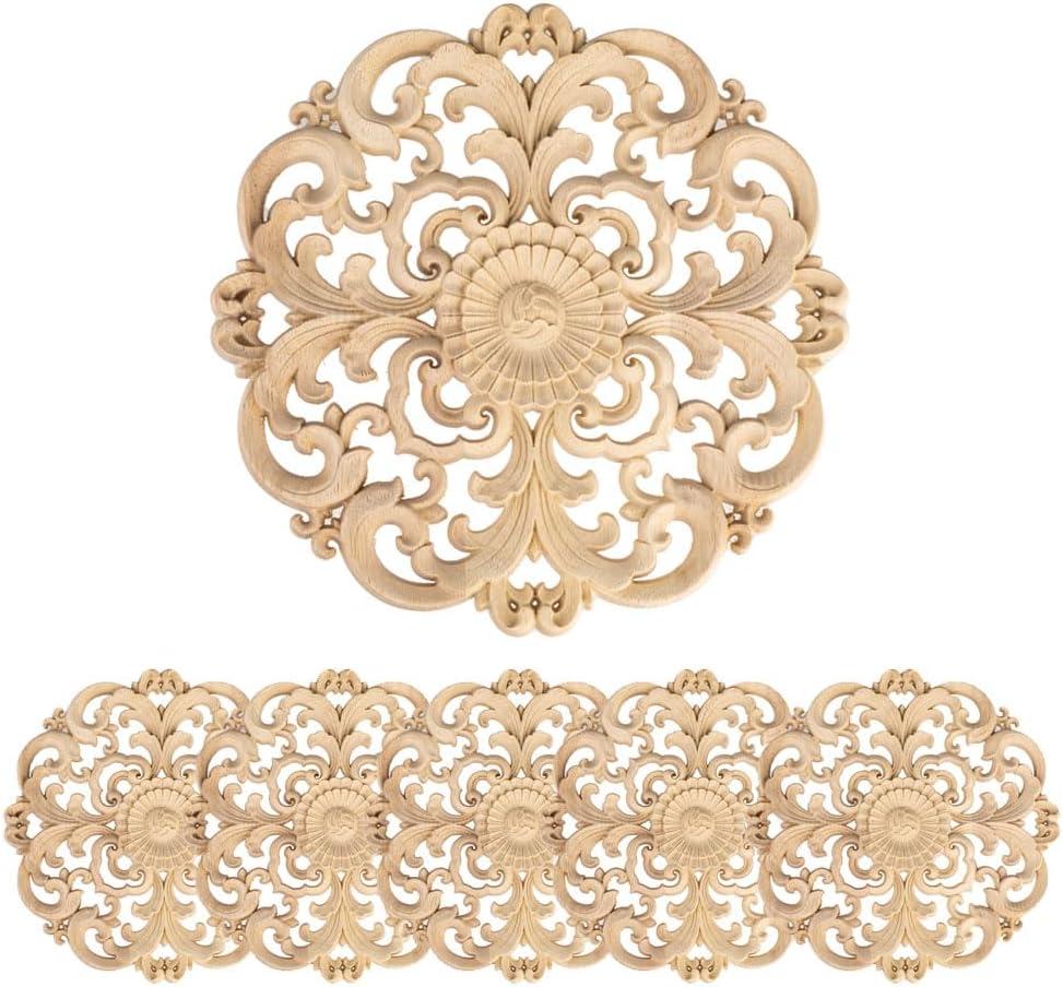 6 Pcs Decorative Wood Carved Appliques Onlays, 5.1 x 5.1 inch Unpainted Solid Wood Round Carving Decal for Furniture Cabinet Bed Wardrobe Closet DIY Decoration (Type 3)