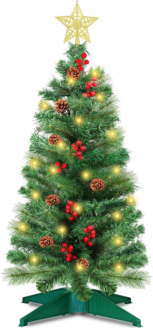 3 Ft Green Christmas Tree with Lights, Timer 8 Modes DIY 50 Warm White Lights Battery Operated Small Artifical Full Xmas Tree Pine Needles Cones Red Berry for Tabletop Home Indoor Holiday Party Decor