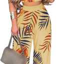 Mandonce 2 Piece Outfits for Women Crew Neck Short Sleeve Crop Tops Printed Wide Leg Long Pants Summer Matching Sets (X-Large)