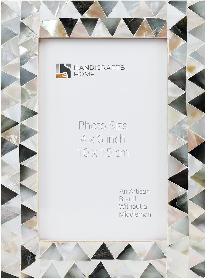 Handicrafts Home 4x6 Picture Frame, Wall & Tabletop Dcor, Handmade Pearlescent Abyss Pattern, Vintage & Elegant Mother of Pearl Picture Frames for Living Room, Office & Home Decor  White & Black