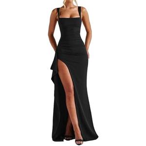 ABYOVRT Women Formal Dresses Sleeveless Bodycon Ruched High Slit Sexy Maxi Dress Cocktail Prom Size Small