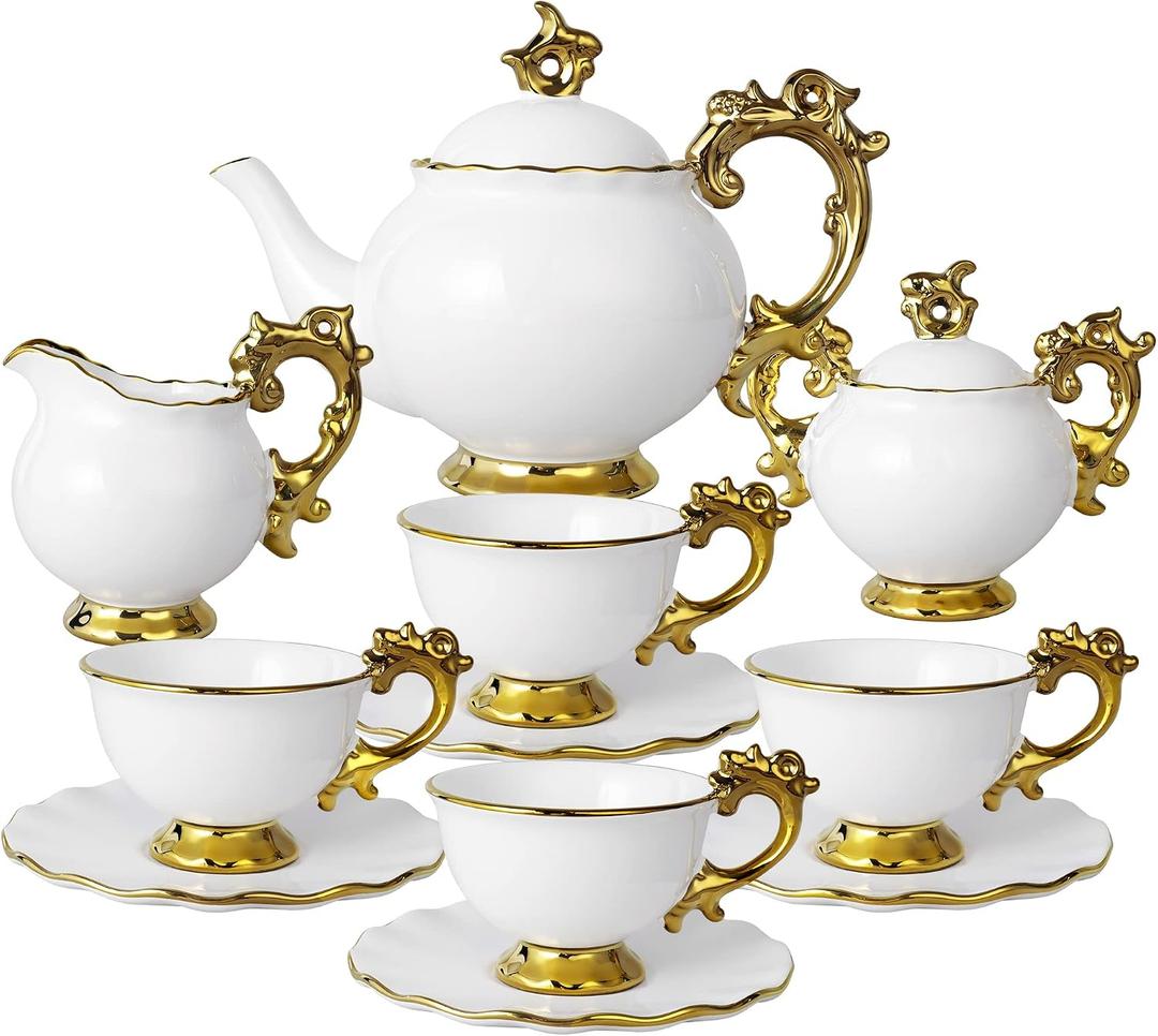 fanquare 15 Piece Vintage Porcelain Tea Set for 6, White Large Tea Cups Set, Tea Party Set for Adults