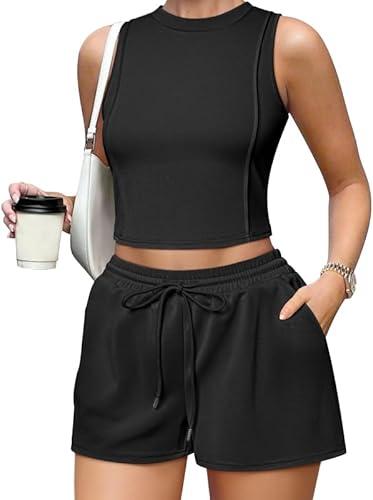 OQQ Two Piece Sets for Women Summer Outfits Lounge Sets Crew Neck Tops Wide Leg Shorts Vacation Travel Black, XL