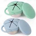 2 Pack Stainless Steel Spill Proof Snack Cup for Baby Toddlers Kids, with Silicone Food Catcher, Travel Lid, Spill-Proof Bowl Containers, Toddlers Essentials, Non Toxic BPA Free (Light Blue and Green)