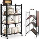 4 Tier Folding Shelf with Wheels, Wood and Metal Bookshelf, no Assembly Foldable Storage Shelves, Vintage Storage Rack for Living Room, Bedroom, and Home Office
