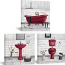 HOMEOART Bathroom Wall Art Bath Tub Painting Picture Bathroom Wall Decor Framed Ready to Hang 12x12 Inch, 3 Pcs (Red)