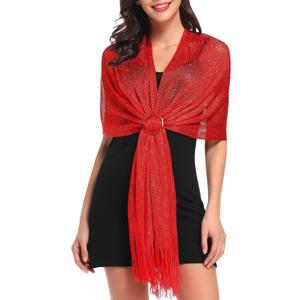 Tapp Collections Sparkling Metallic Shawls and Wraps with Buckle for Evening Dresses Wedding Party (Metallic Red)