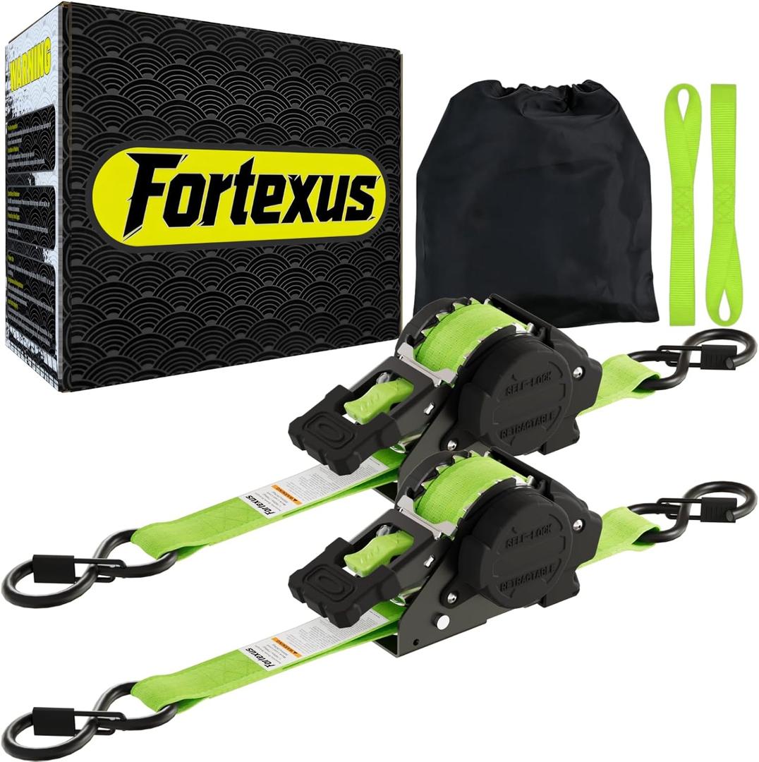 Retractable Ratchet Straps Heavy Duty Tie Down 1''*12ft Breaking Strength 1760LBS Cargo Securing System,for Motorcycle,Jetski,Kayak(2 Pack, Neon Green)