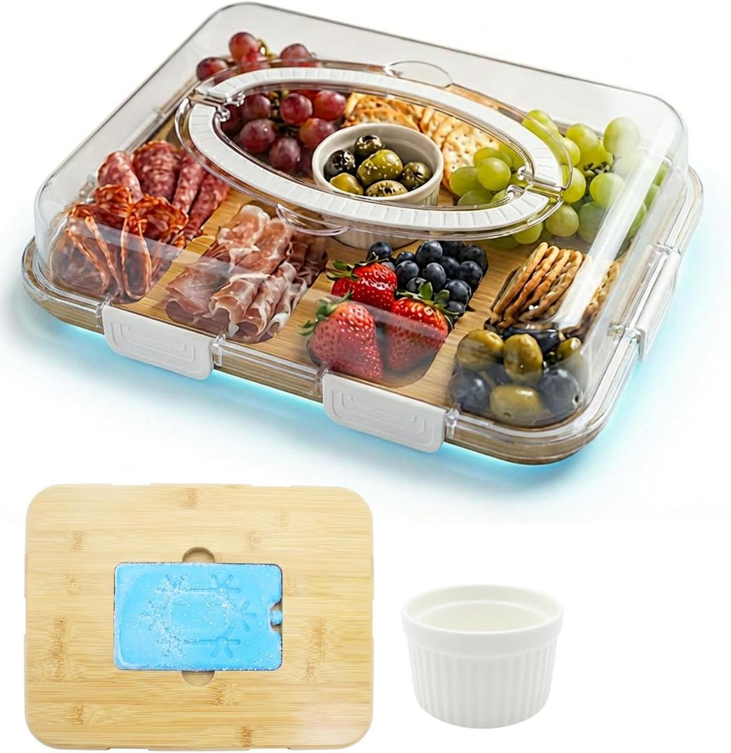 Charcuterie Board with Lid & Ice, Upgraded 6 Snap Laches, Sauce Cup Included, Large Portable Cheese Tray with Handle, Serving Tray for Picnic & Pool, House Warming Gifts New Home (White)