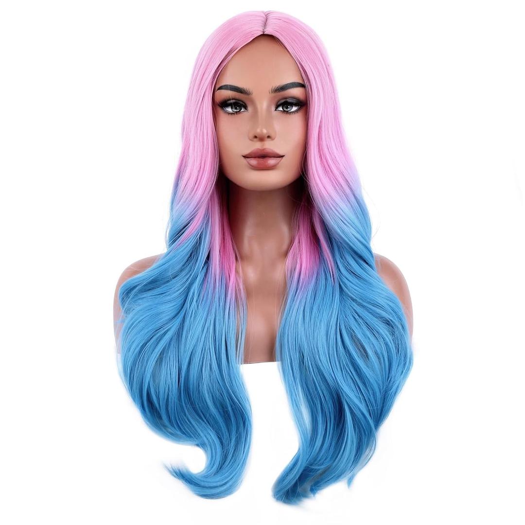 BERON Pink Ombre Blue Long Wavy Wig for Women Girls Two Tone Middle Part Curly Heat Resistant Synthetic Wigs Cosplay Costume Party Daily Wig