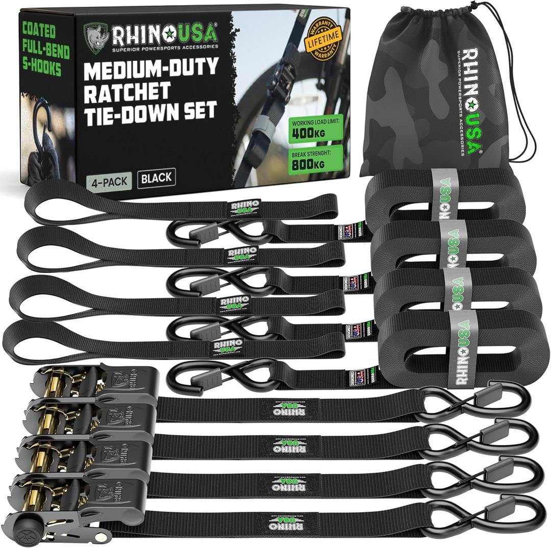 Rhino USA Ratchet Straps Tie Downs (4-Pack) - 1 Inch x 15 Feet (1,823lb Break Strength) - Ultimate Tie Down Straps with Safety S Hooks - for Trucks, Cargo, Moving, Appliances - Black