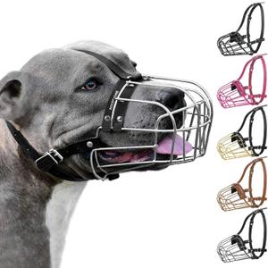 BRONZEDOG Pitbull Dog Muzzle Metal Mask Amstaff Wire Basket Pit Bull Adjustable Leather Straps for Large Dogs (Steel)