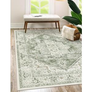 LIVEBOX Washable Area Rug 5x7 - Large Vintage Tribal Living Room Rug Vintage Non-Slip Indoor Rugs for Bedroom, Low-Pile Retro Carpet Print Distressed Accent Rugs for Nursery Entryway Office, Sage