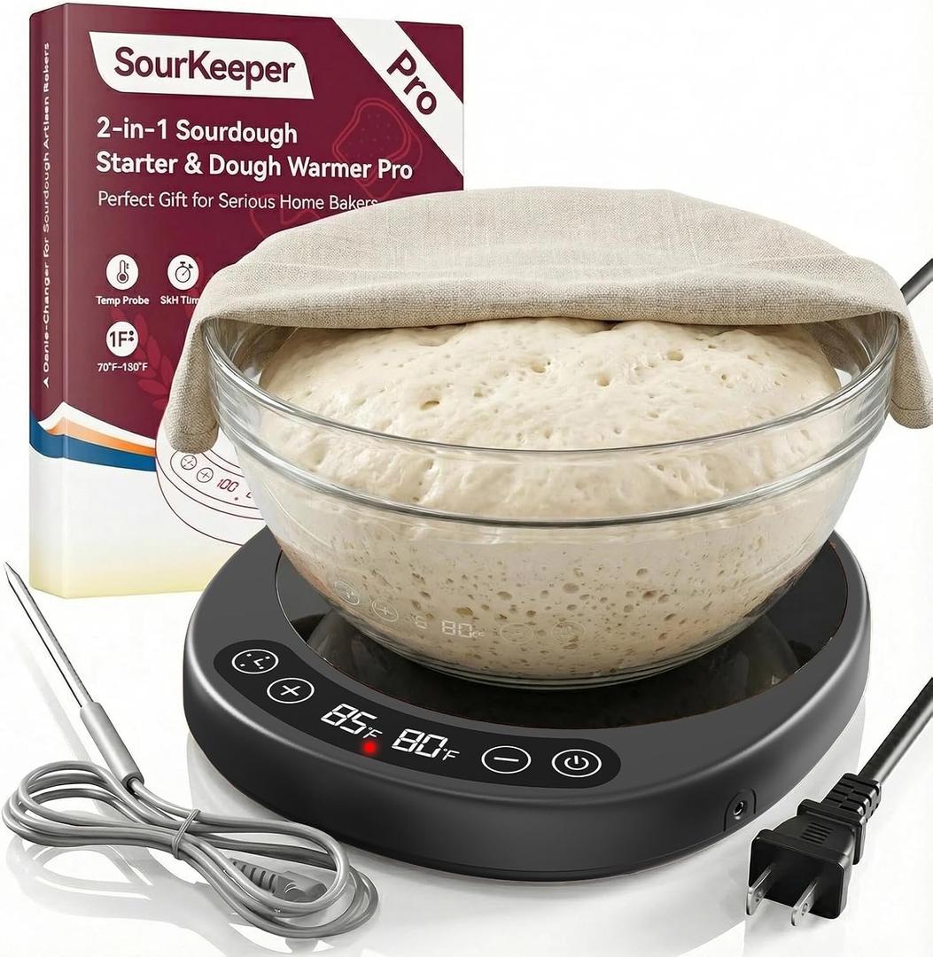 SourKeeper, Larger 2-in-1 Sourdough Starter Warmer Pro - 2026 Upgrade Larger Heating Plate, Dough Temp Probe, 1°F Control (70–110°F), 24H Timer, Real-Time Monitoring, for Beginner Bakers Black