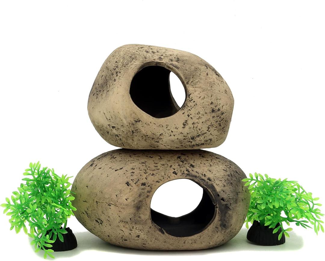 ALEGI Stackable Aquarium Ceramic Decorations Rock Caves, Betta Fish Tank Decor Accessories, Hideaway for Shrimp Cichlid Hiding Breeding Spawning (Set of 2)