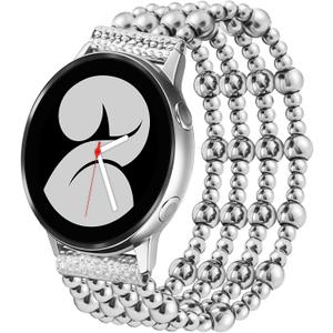 Stainless Steel Beaded Bracelet Compatible with Samsung Galaxy Watch 7 Band/Watch 6/5/4 Band 40mm 44mm/Watch 4 Classic/Active 2/Watch 6 Classic, 20mm Cute Handmade Elastic Strap for Women