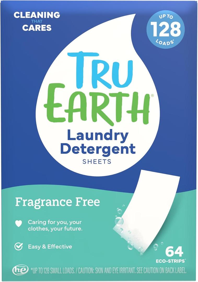 Tru Earth Compact Dry Laundry Detergent - Up to 128 Loads (64 Sheets) - Paraben-Free - Original Eco-Strip Liquidless Detergent, Travel 