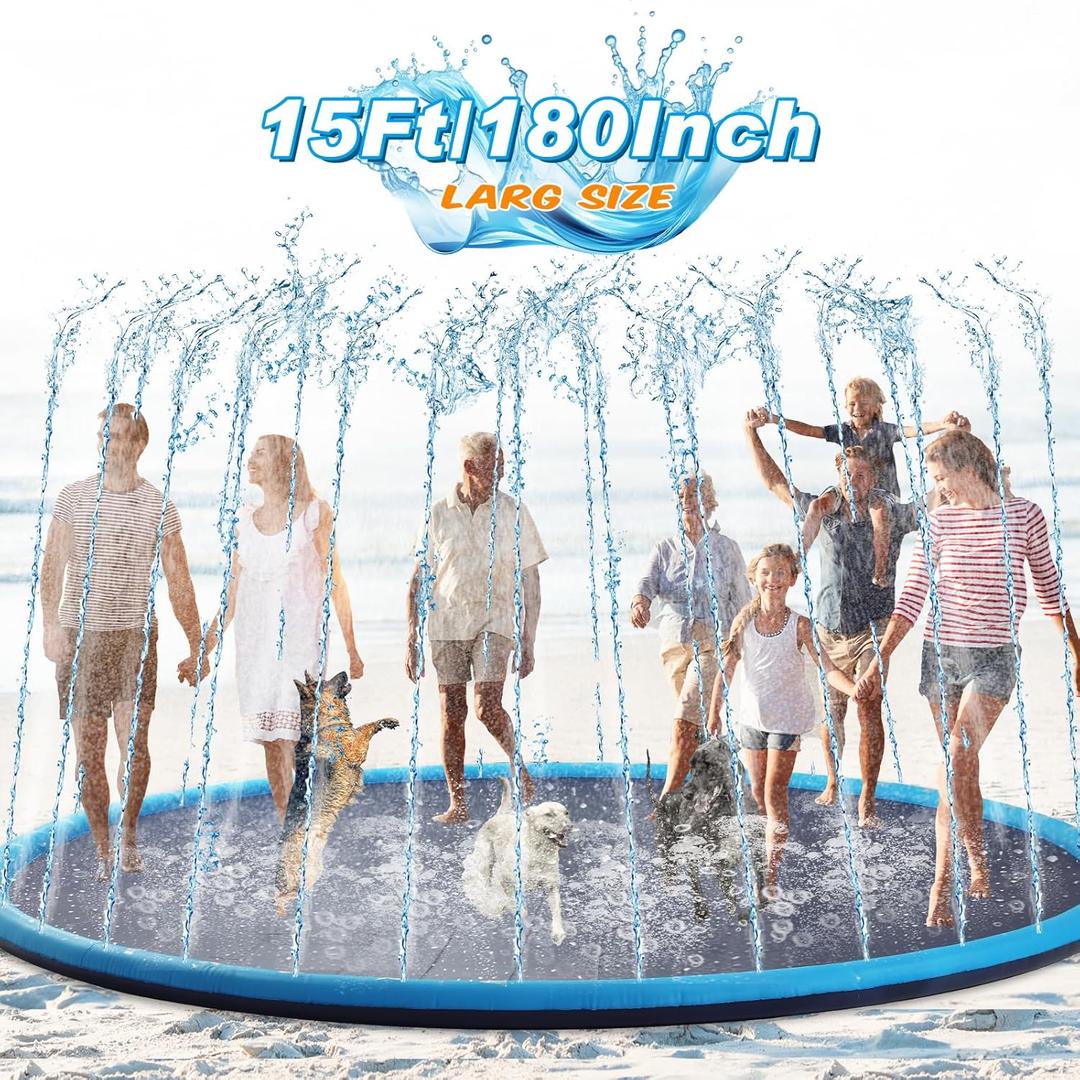 Lewtemi 15 ft Extra Large Non Slip Splash Pad 180" for Adult and Dog Giant Outdoor Thicken Sprinkler Pool Summer Toys Fun Backyard Play Fountain Mat for Pet Dog Family(Classic Style)