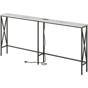 Masupu 70.9" Console Table with Power Outlet, Modern Narrow Long Sofa Table Behind Couch, Skinny Entry Table, Industrial Sofa Table with Metal Frame for Hallway, Living Room, White and Black