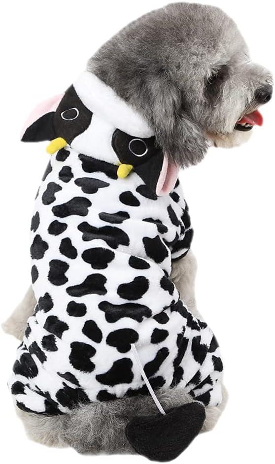 Dog Cow Costume  Funny Halloween Dog Farm Animal Costume Cow Cosplay Outfits, Winter Warm Milk Pajamas for Small Medium Dogs, Adorable 4 Legs Velvet Farm Costumes Hoodie Coat Pajama, X-Small (XS: Chest 12", Length 8", Weight 2-3 lbs)