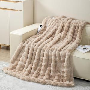 Faux Rabbit Fur Electric Blanket Throw 51"x63"  Heated Blanket with 5 Heat Levels 86F158F, Digital Display & 2/4/8H Timer, Fast Heating, Machine Washable Bubble Plush Crystal Velvet Heating Throw