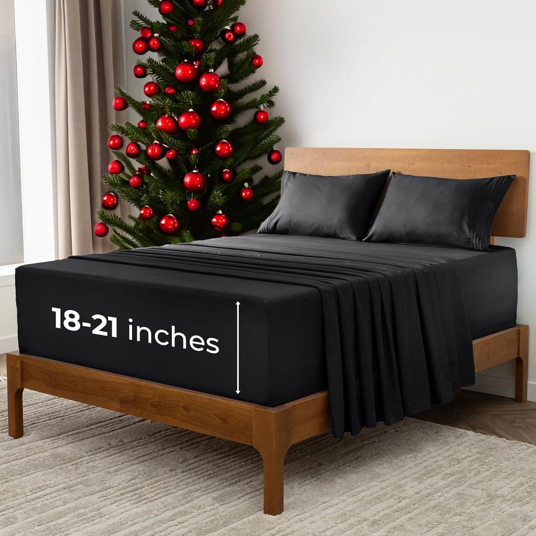 Mellanni Extra Deep Queen Sheets - 4 PC Iconic Collection Bedding - Hotel Luxury, Ultra Soft, Cooling Bed Sheets - Wrinkle, Fade, Stain Resistant (Queen, Black)