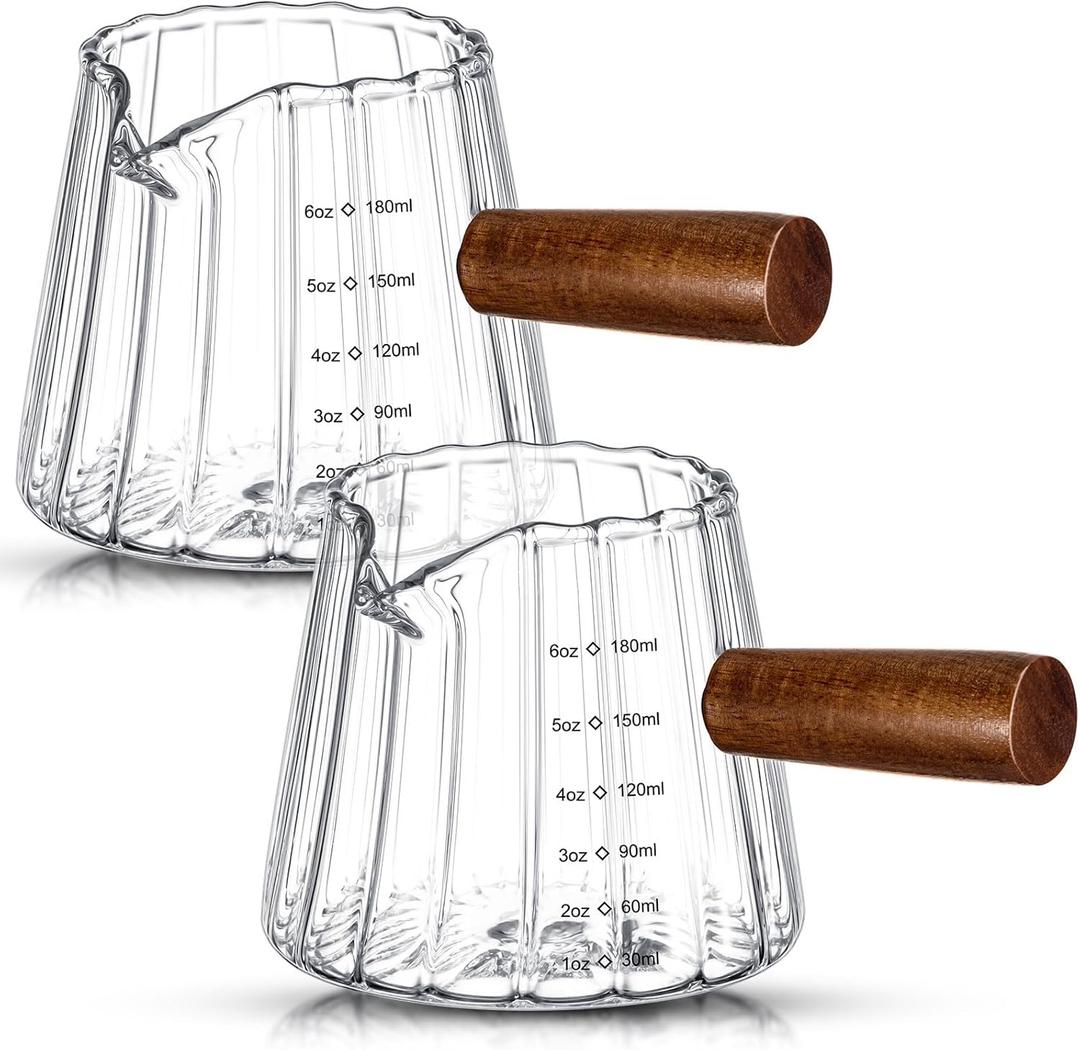 2 Pcs 6 Oz/180 ml Espresso Shot Glass with Wood Handle, Espresso Accessories, Single Spouts Milk Frother Measuring Cup with Clear Scale Heat Resistant for Coffee Milk Tea Syrup (Clear)
