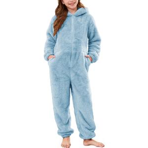 Flygo Girls Fleece Jumpsuits Fuzzy Hooded Rompers Kids Zip up Onesie Romper Costume Warm Winter Clothes 5-14 Years (Blue, L)