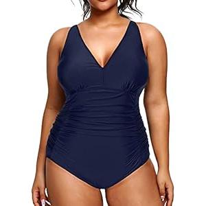 Aqua Eve Women Plus Size One Piece Swimsuits V Neck Tummy Control Bathing Suits Retro Ruched Swimwear Blue 20W