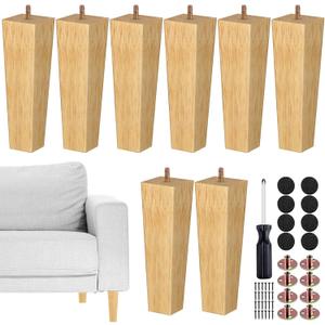 TURSTIN Set of 8 Furniture Legs 8 Inch Square Solid Wood Couch Legs Replacement Sofa Legs Mid Century Furniture Feet for Armchair Bed Dresser Cabinet Include Installation Hardware, Natural