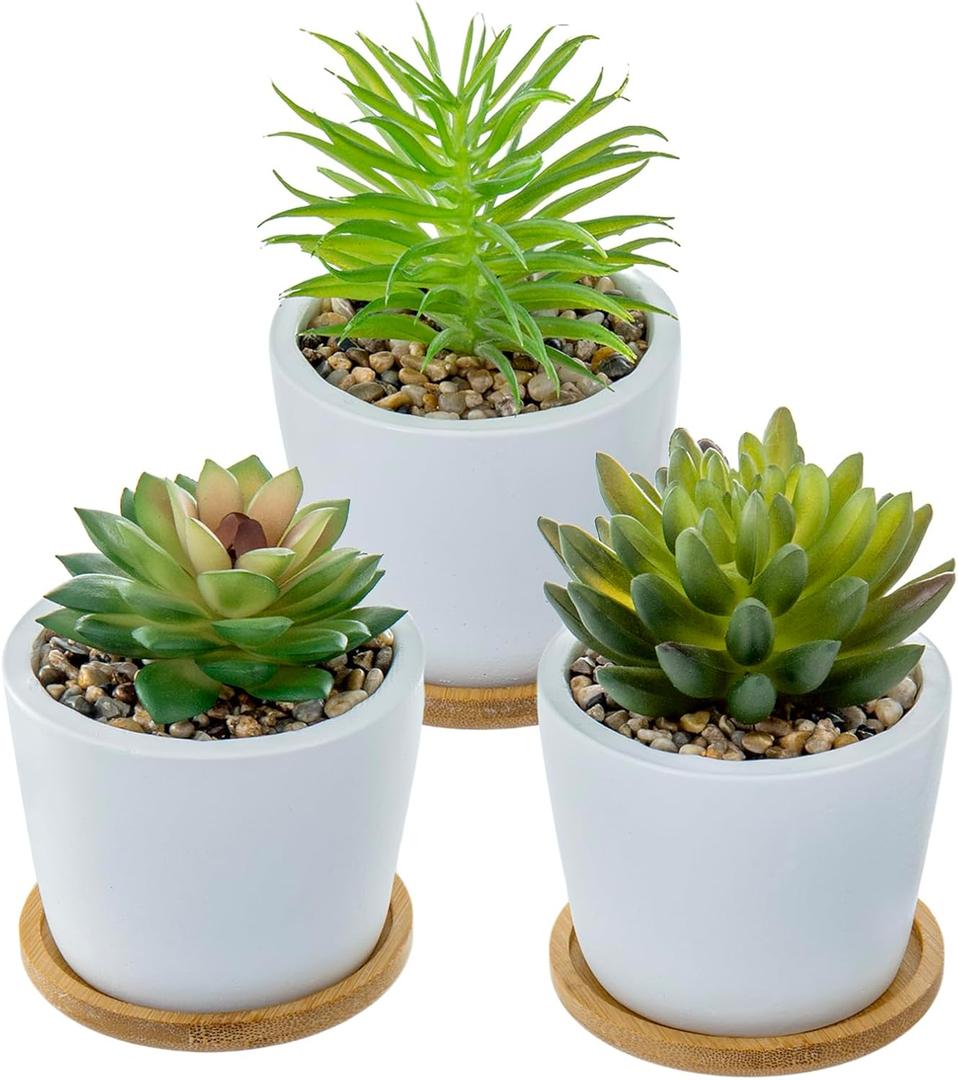 MyGift Assorted Artificial Succulent Plants - Decorative Fake Desert Plants with Pebble Fillers in White Ceramic Pots with Bamboo Saucers, Set of 3 (Round Assortment 3)
