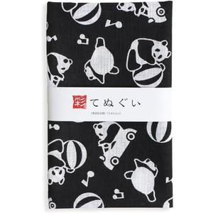 KOMESICHI irodori Japanese Traditional Towel Tenugui Panda (Black) 12.99 x 34.64 in with Tenugui Iroha (English Manual) Without Fray Prevention