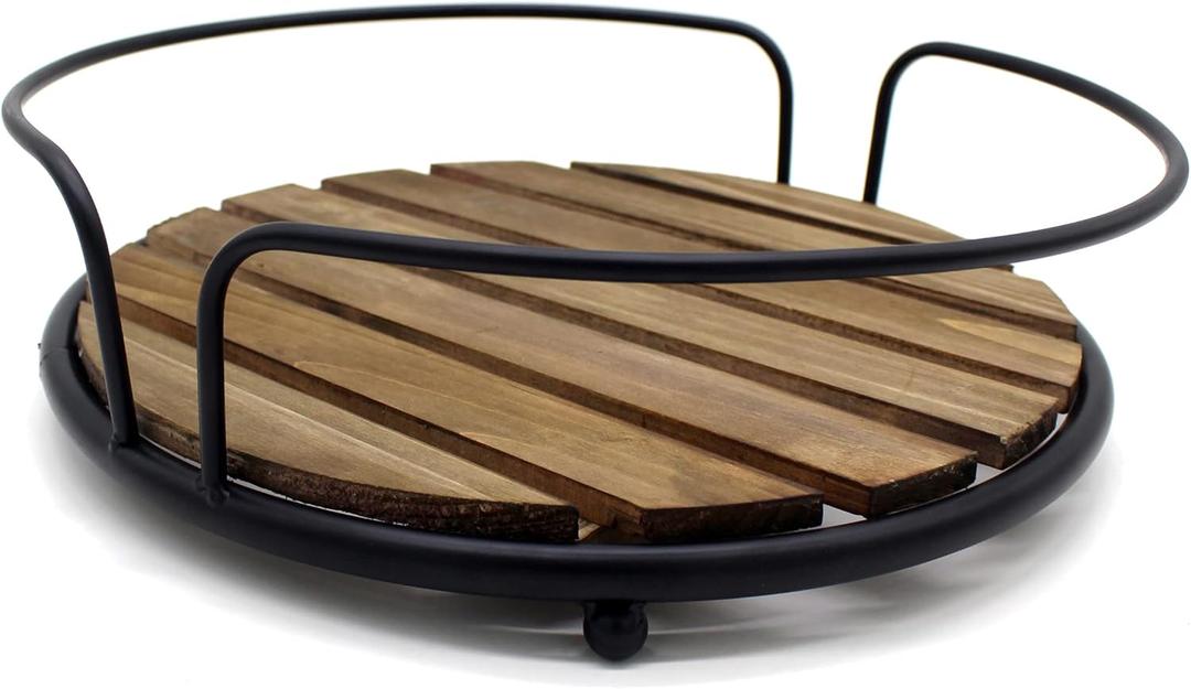 CVHOMEDECO. Farmhouse Tray Round Wood Plank Serving Tray with Metal Handles for Breakfast in Bed, Lunch, Dinner, Appetizers, Kitchen, Ottoman, Coffee Table, BBQ and Party