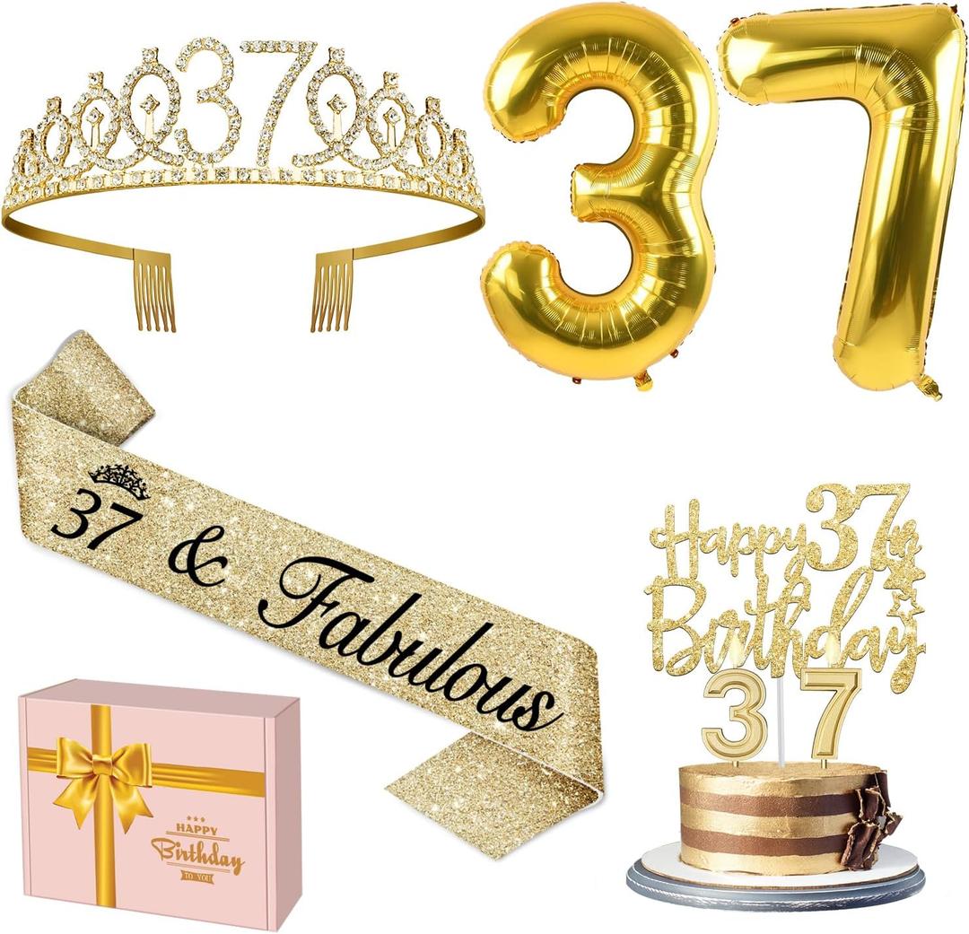 37th Birthday Decorations for Women Gold with 37th Birthday Sash and Tiara, Cake Topper and Candles, Number Balloons, 37 Year Old Gifts for Women