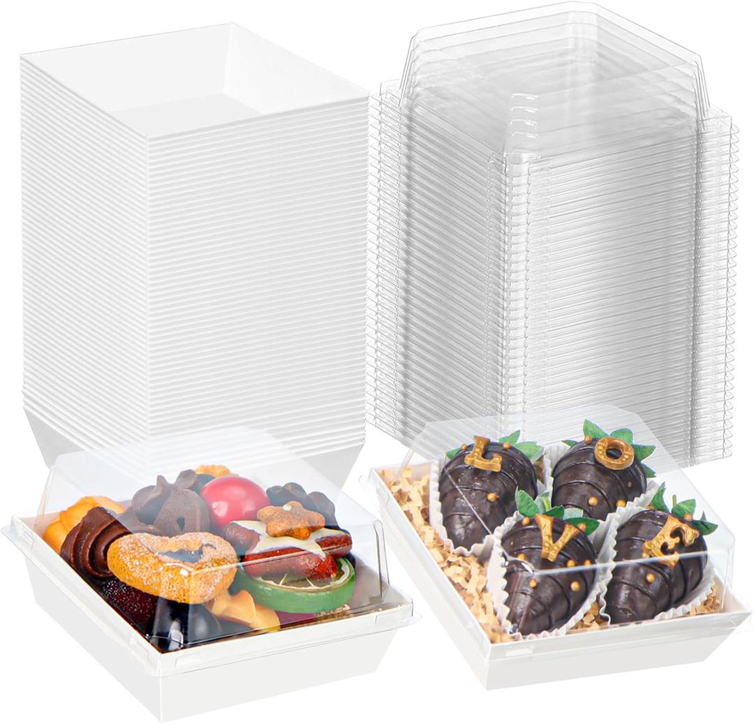 100Pack 4x4x2.5 Inches Charcuterie Boxes with Clear Lids - Bakery, Chocolate Covered Strawberries, Mini Cake, Pie Boxes for Christmas, Valentine's, Halloween, Easter (White)