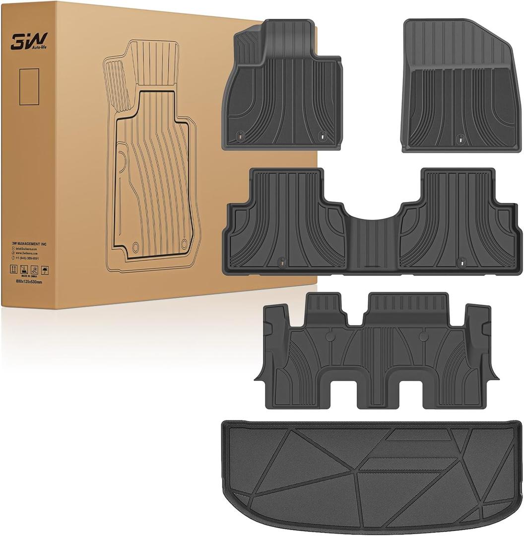 3W Floor Mats Fit 2020-2024 2025 Hyundai Palisade 8 Seat (Only for Bench Seat), Custom Fit TPE All Weather Floor Liner, 1st & 2nd & 3rd Row Full Set Car Liners, Black