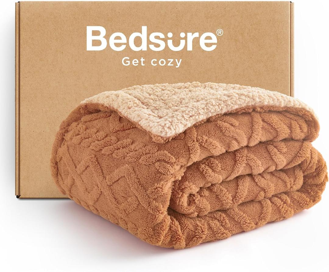 Bedsure Sherpa Fleece Throw Blanket for Couch - Fuzzy Soft Cozy Cable Throw for Women, Thick Warm Blanket for Winter, Light Brown, 50x60 Inches