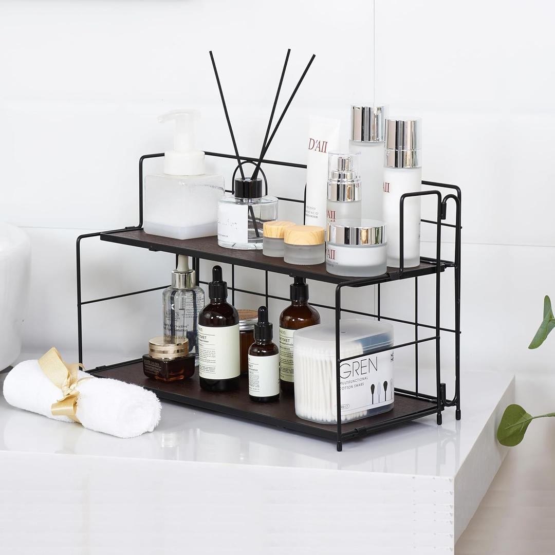 Bathroom Counter Organizer 10s Tool-Free Install, 2 Tier Bathroom Organizers and Storage, Collapsible Bathroom Organizer Countertop, Wood Bathroom Kitchen Countertop Organizer, Black