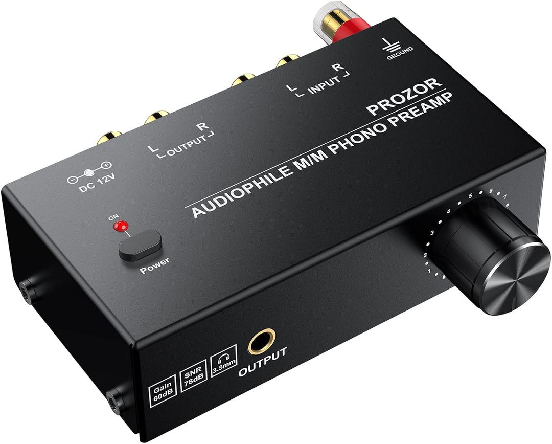 PROZOR Pre Amplifier for Turntable Audiophile M/M Phono preamp with Level Volume Controls with RCA Input, RCA/3.5MM Output interfaces, Low Noise Operation Including 12V 1A Power Adapter (Black)
