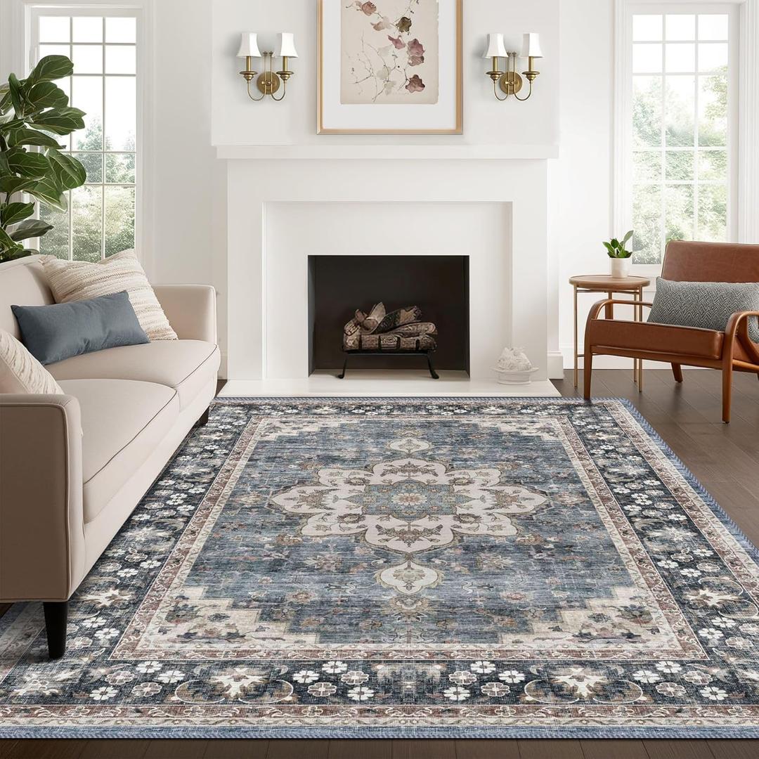 Poeti Washable Rug, Ultra Thin 8x10 Area Rugs - Non Slip Carpet - Large Area Rugs for Living Room Bedroom Rug - Vintage Floral Rug, Navy